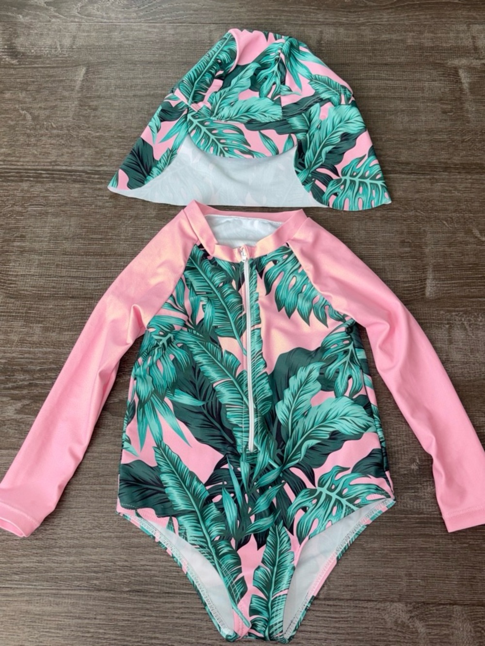 SHEIN Pink Long-Sleeve Tropical Leaf One-Piece Swimsuit with Hat